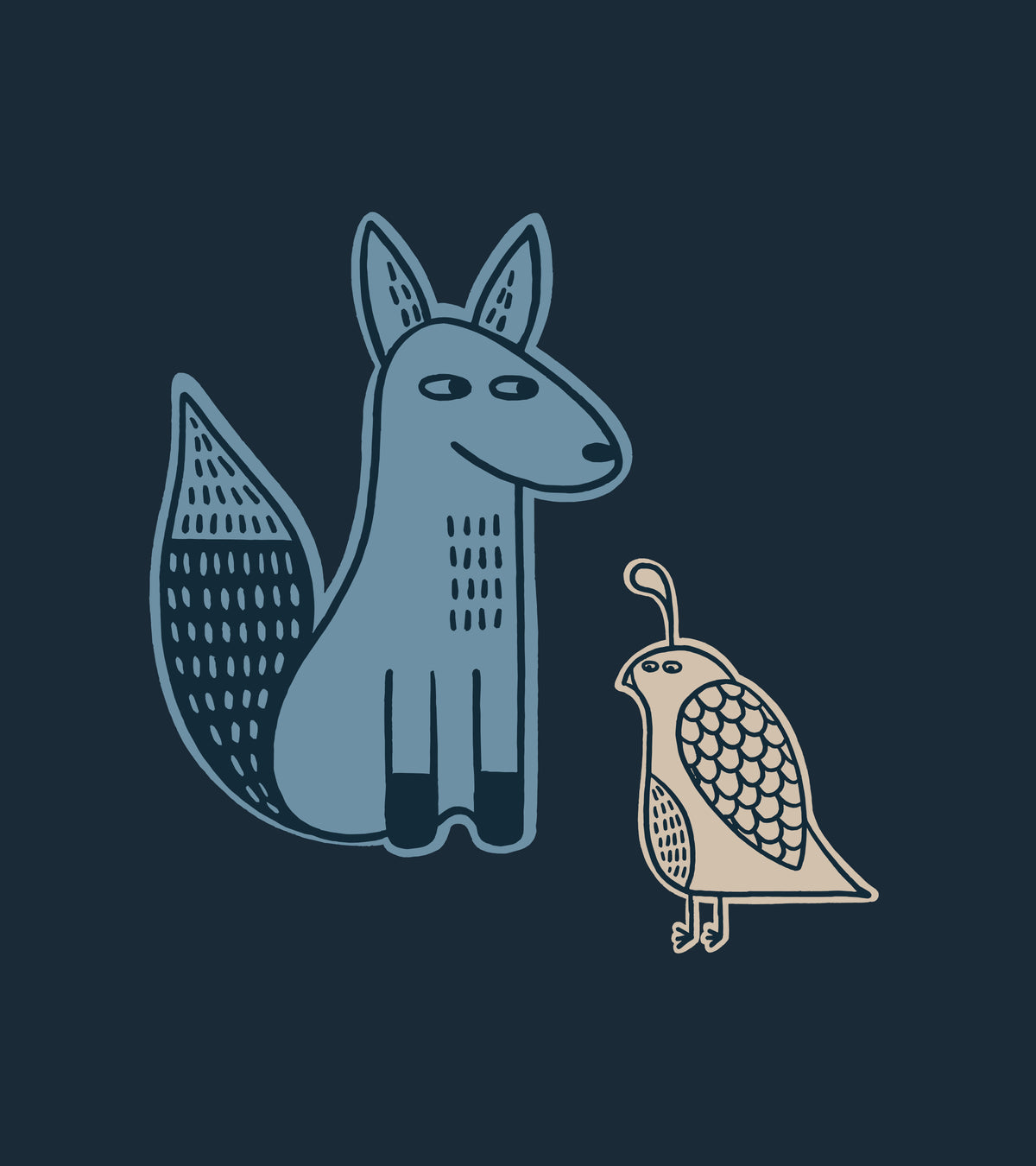 A stylized illustration of a fox and a quail on a dark navy background. The fox is colored in shades of blue with black outlines, and the quail is beige with black outlines.