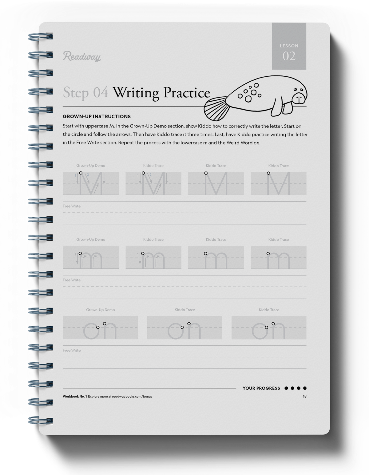 A spiral-bound workbook page titled "Writing Practice" with instructional content for writing the letter A, shown on a white background.