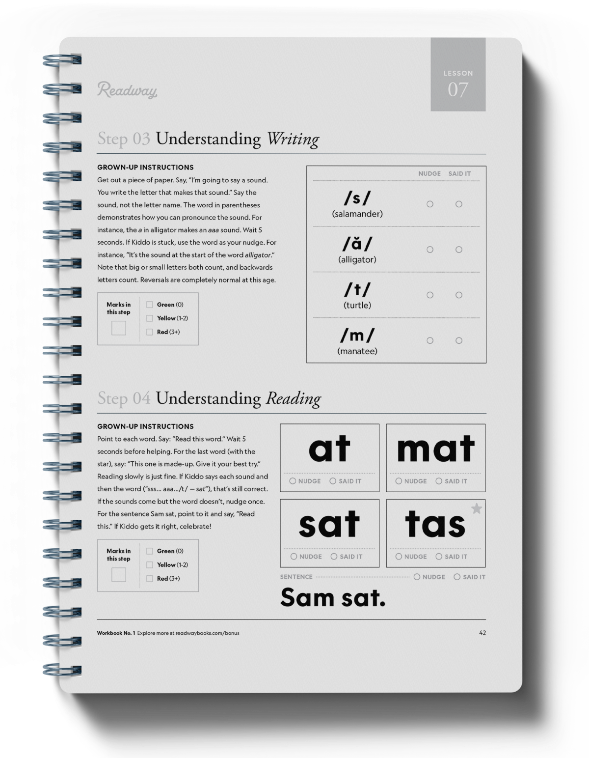 A spiral-bound workbook page titled "Understanding Writing" showing phonics exercises for understanding writing and reading, with word lists, sound guides, and sample words on a white page.