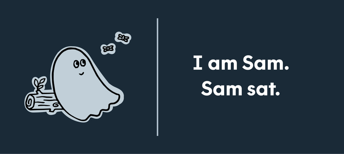 A story page reading “I am Sam. Sam sat.” beside a drawing of Sam resting against a log.