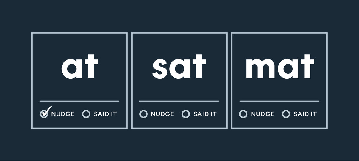 Three rectangular panels on a dark navy background, each reading 'at', 'sat', and 'mat' in large white lowercase letters, with radio button options labeled 'NUDGE' and 'SAID IT' underneath.