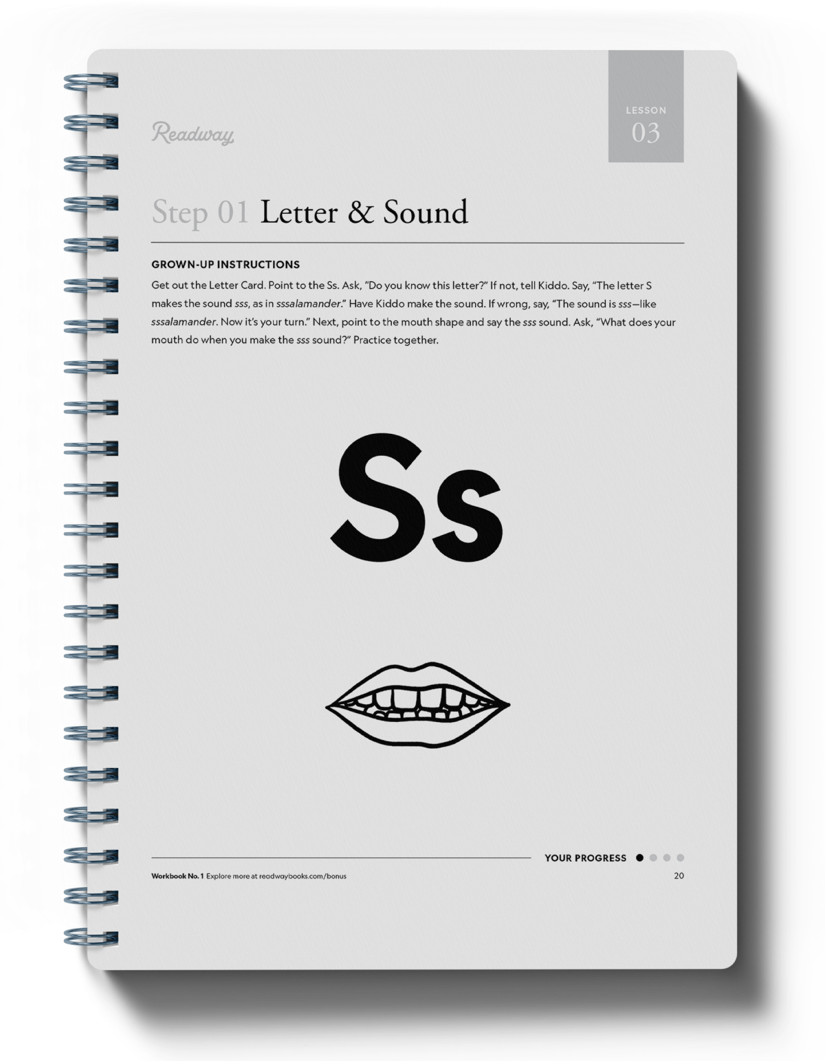 A spiral-bound children's learning book titled 'Letter & Sound' with a large 'Ss' and mouth illustration on the cover, photographed against a light gray background.